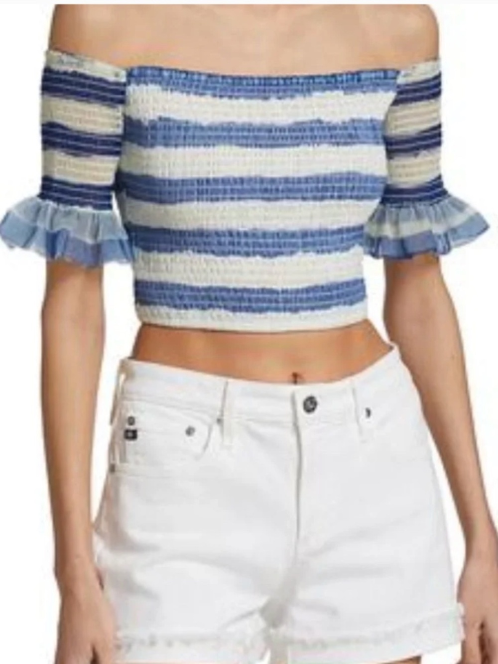 💙 STAUD Doric Crop Top XS Painted Smocked Off Shoulder Blue White Stripe - Picture 1 of 8